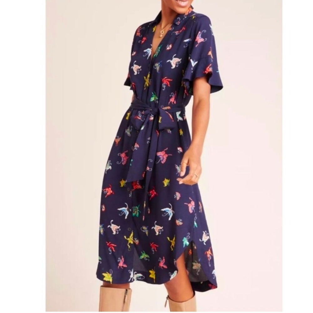 Maeve Anthropologie Flutterby Butterfly Print Shirt Dress Navy Blue Midi XS